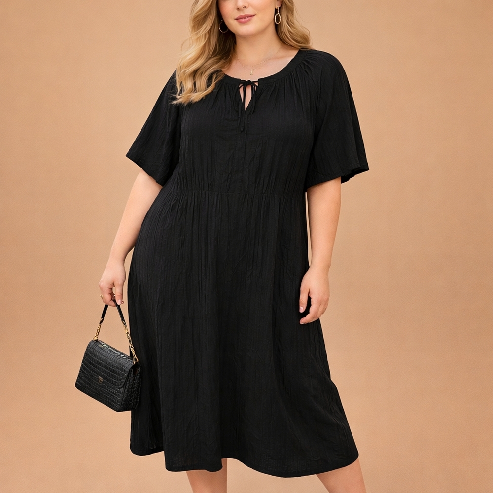 NWT Kaffe Curve Black Viscose Blend Midi Dress Plus Size Textured Tie Neck Dress